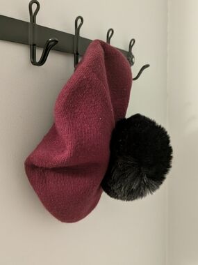 Burgundy French Barret with Black Faux Fur Pom